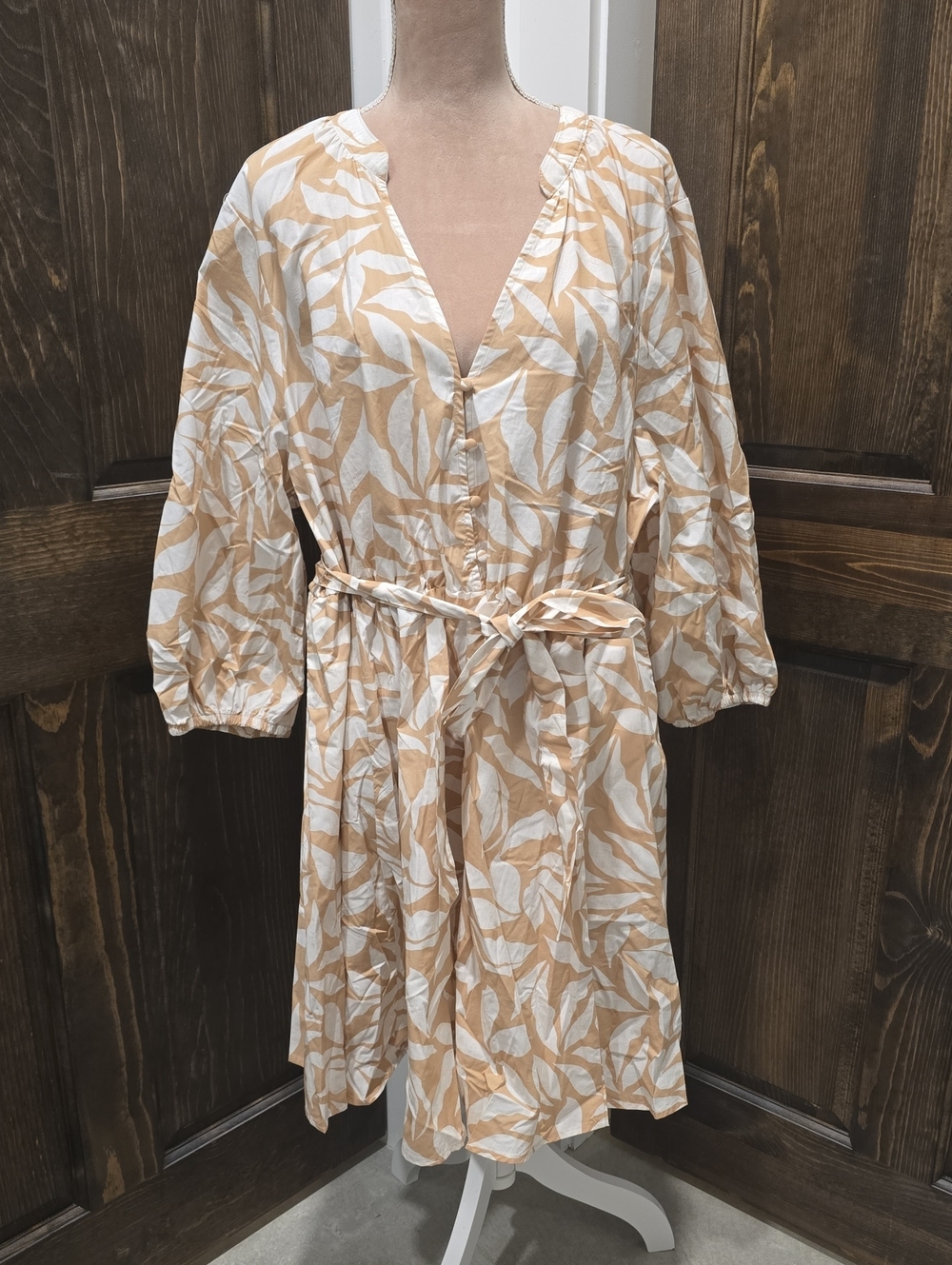 Torrid Tan and White Leaf-Print Midi Dress with Tie Waist